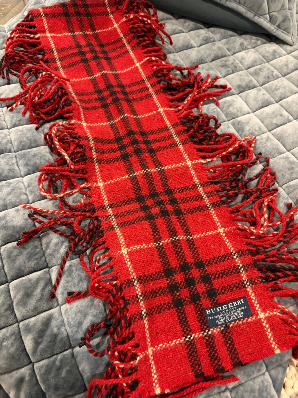 Burberry Red Black Plaid Fringe Wool scarf aprox 6 inches width 53 inches long